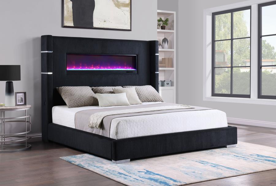 Upholstered King Fireplace Bed Black