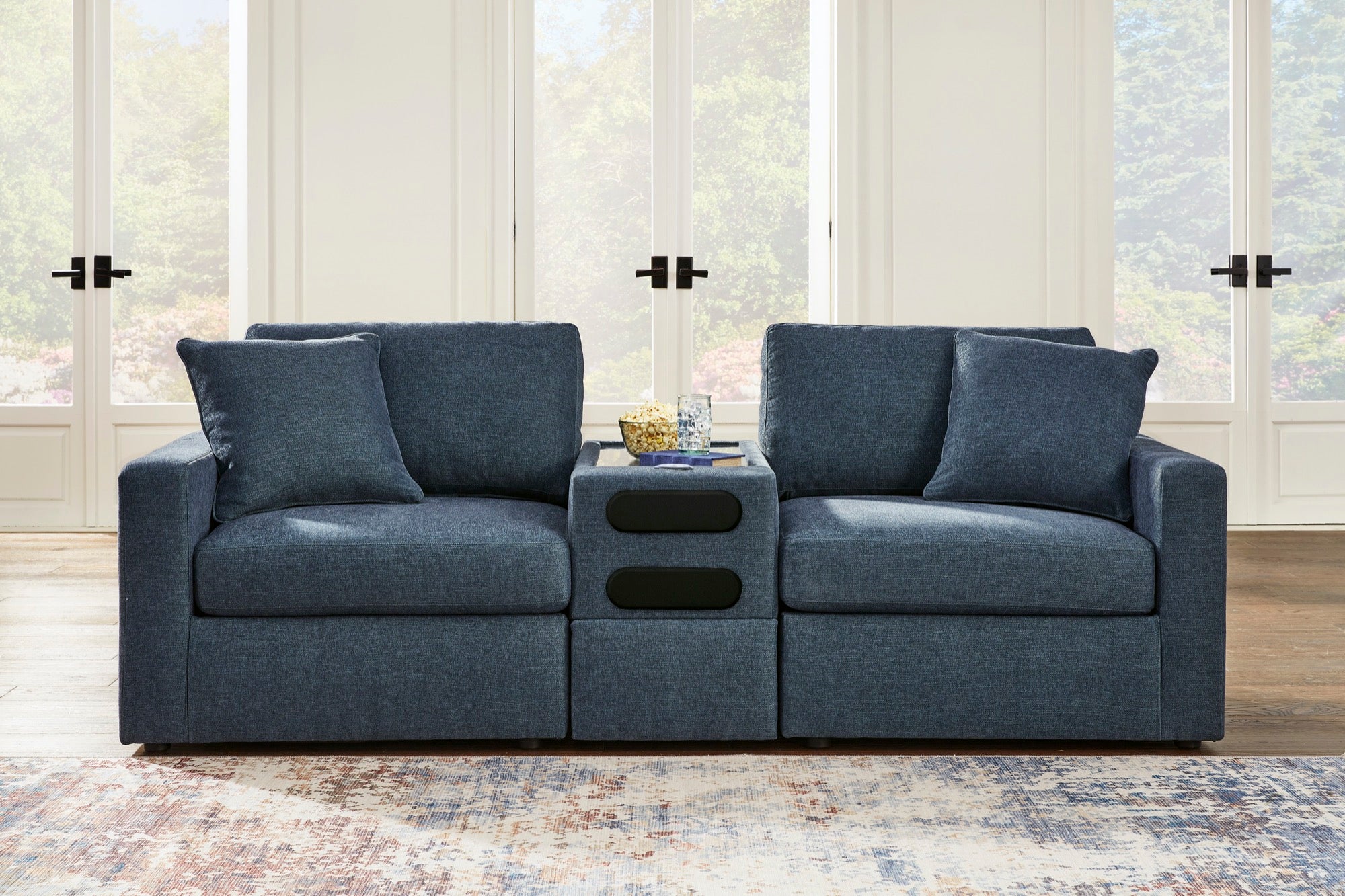 Kennedy Blue 3-Piece Modular Loveseat with Audio Console